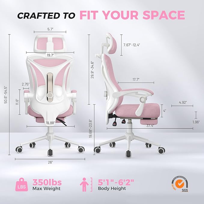 CYKOV Ergonomic Office Chair, Reclining, Footrest, Adjustable Lumbar, 350LB | 4-Way Headrest (4.72" + 60°), 2-Way Lumbar (2" + 1.18"), 90-135° Recline, Breathable Mesh, Gaming & Office, 5-Year Warranty