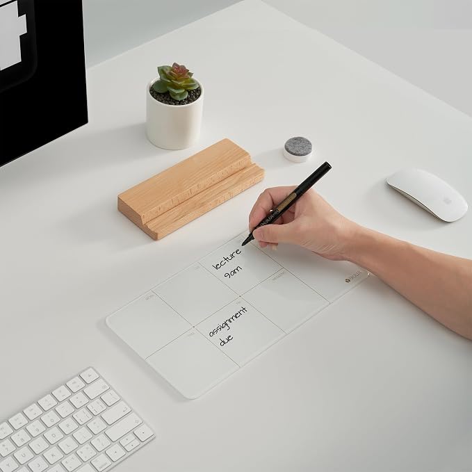 Desktop Glass Weekly Planner Whiteboard with Detachable Wood Stand,Small Portable Dry Erase Calendar to Do List White Board 12x6" for Office, Home, Schools, Marker&Eraser Included, Yeoux