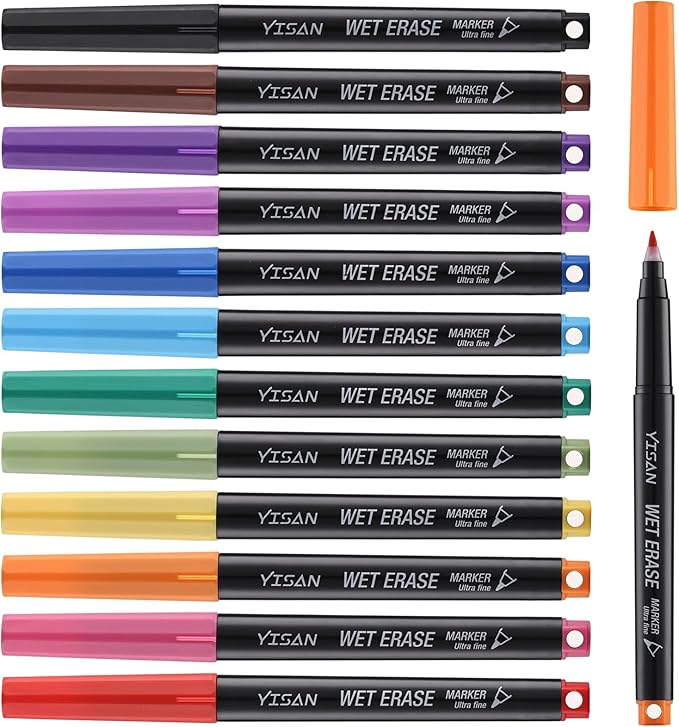 YISAN Ultra Fine Tip Magnetic Wet Erase Markers, 0.7mm Low Odor, 12 Assorted Colors for Whiteboard Use in Office, Home or Planning Board,70580