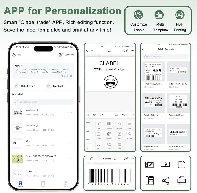 CLABEL Thermal Label Maker Machine: 2 Inch Portable Bluetooth Label Printer 221B Mini Wireless Barcode Printer Compatible with iOS & Android for Small Business Home Office Organization (Green)