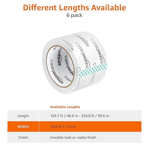 Amazon Basics Extra-Wide Packing Tape for Moving, Storage, Shipping and Sealing Boxes, Crystal Clear, Low Odor, 2.83" x 54.6 Yards, 6-Pack