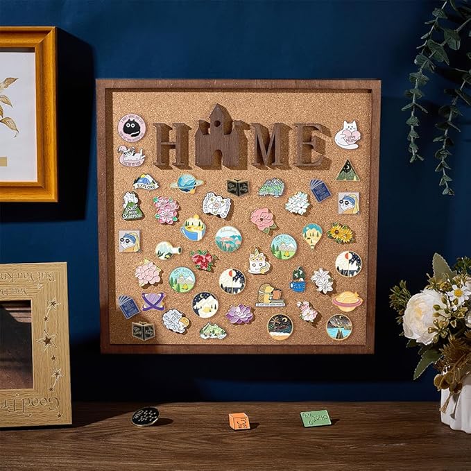 BENECREAT Square Home Word Pin Board Cork Board, 11.8x11.8inch Bulletin Display Board Wall Mounted Cork Board with Saddle Brown Frame for Brooch Pin Storage Display, Office Home Decor