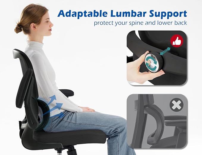 TRALT Ergonomic Office Chair Desk Chair with Adjustable Lumbar Support | Desk Chair Comfy with Flip-up Armrests Ergonomic Chair - Mesh Computer Chairs for Adults, 330lbs, PU Leather (Black, 8)