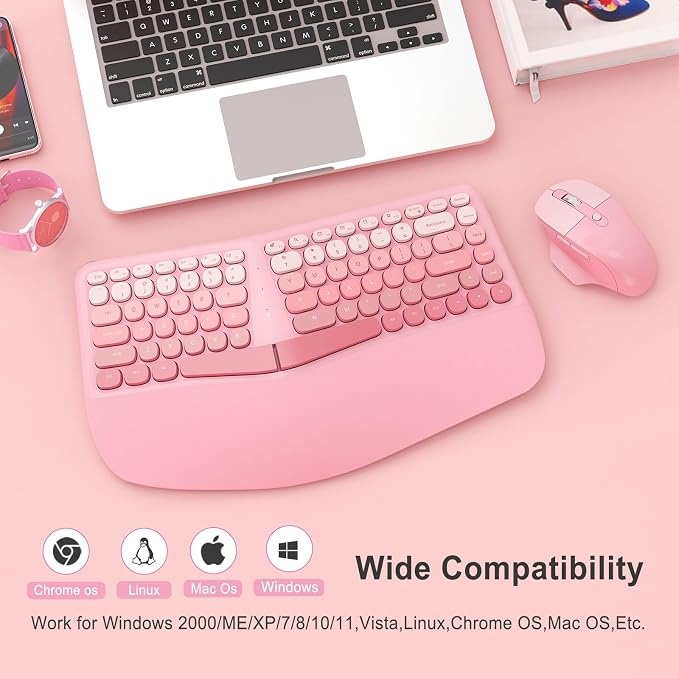 Ergonomic Wireless Keyboard Mouse, Gaming Typewriter Set with Wrist Rest | Compatible With All windows and Type C Computer,With OTG & Long Clean Bruch,Ideal for PC, Home, Office and College