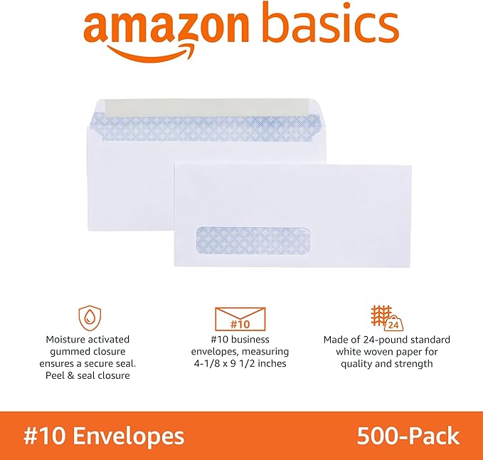 Amazon Basics #10 Security-Tinted Self-Seal Business Envelopes with Left Window for Invoices and Documents, White, 500-Pack