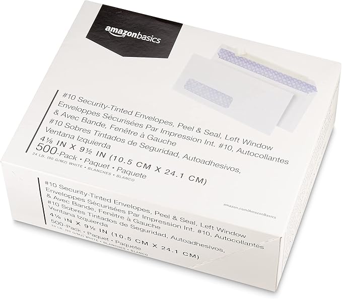 Amazon Basics #10 Security-Tinted Self-Seal Business Envelopes with Left Window for Invoices and Documents, White, 500-Pack