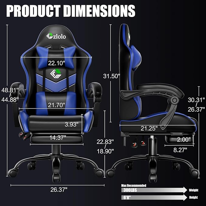Gaming Chair, Ergonomic Office Computer Chair with Footrest and Lumbar Support Massager Racing Style High Back Video Gamer Chair, Wide＆Thick Cushion, 90°-135° Recline, Adjustable Height, Blue
