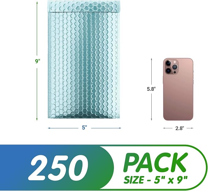 Metallic Bubble Mailers 8.5 x 11 Inches Aqua Ice, 200 Pack Heavy Style Padded Envelopes for Shipping, Mailing, Packaging Protection