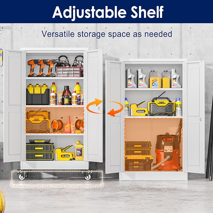 erosoei 45.6"H Metal Garage Storage Cabinet, Rolling Tool Cabinet with 2 Doors and Wheels, Locker Steel Cabinet with 3 Adjustable Shelves, Organization Cabinet for Garage,Office,Home,Gym,School（White）