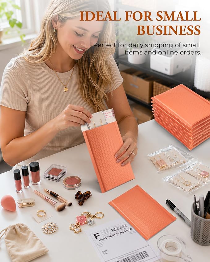 GSSUSA Orange Bubble Mailers 4x8 100 Pack, Self Seal Padded Envelopes | Usable Size 4x7, Waterproof, Opaque, #000, Colorful Mailing Bags For Cards, Jewelry, Gifts, Crafts, Small Businesses