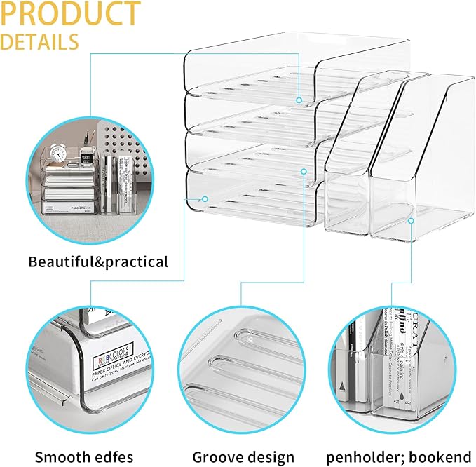 4-Tier Acrylic Paper Tray Organizer | Clear Stackable Desk Organizer for Documents, Letters, A4 Paper | Modern Office/Classroom/Home Organization,Clear