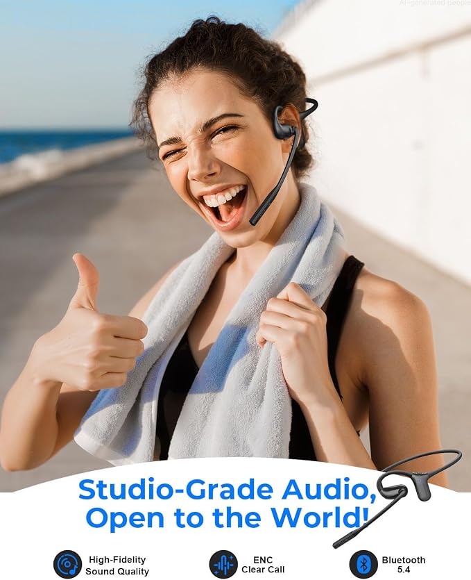 Open Ear Headphones with Mic, Bluetooth Headphones with MicMute-Matte Black | Rotatable Noise Cancelling Mic, Dual-device Connect, 20H&28g Secure Bluetooth Headset for Trucker/Work Calls/Driving/Workouts