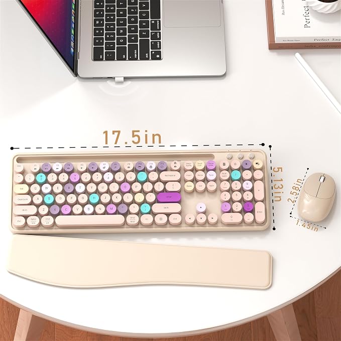 Wireless Keyboard and Mouse Combo with Phone Holder (Khaki) | MPTOG Colorful Typewriter Keys with Wrist Rest, , 2.4GHz Wireless, Full-Sized Optical Mouse for PC and Laptop