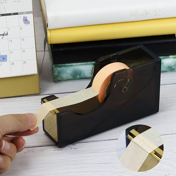 Acrylic Black Tape Dispenser Gold for Desk Masking Tape Cutter Holder 1-Inch Core Office Tape Dispenser