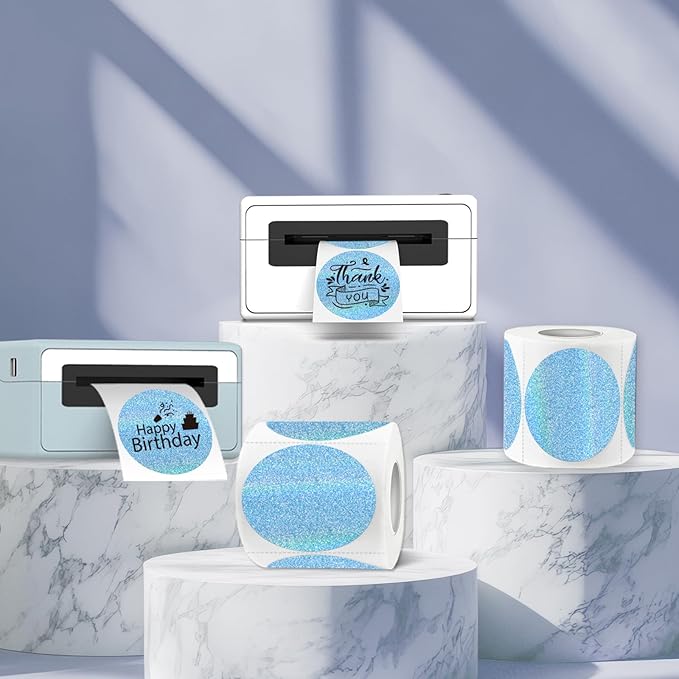 3 Inch Holographic Thermal Labels,Round Thermal Printer Labels,Waterproof Thermal Printer Stickers for DIY Logo Design,Name Tag,QR Code,Thanks Card 150 Labels/Roll (Blue dots)