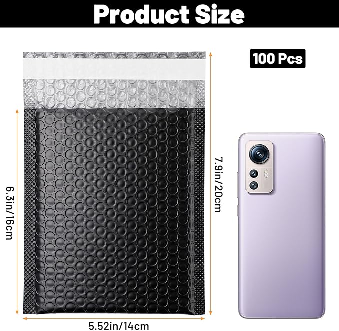 100 Pack Poly Bubble Mailers 5.5x6.3 Inch Small Padded Envelopes Self-Sealing Shipping Bags, Black Matte Film with PE Lining for Secure Transit