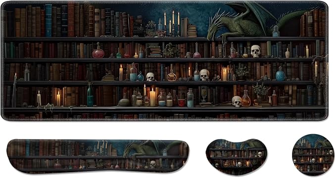 Desk Pad and Keyboard Wrist Rest, Large Mouse Pad + Keyboard Pad+Mouse Wrist Support, Non-Slip Desk Mat Protector for Office, Home 31.5×11.8 Inches Gothic Skeleton