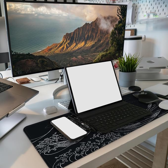 MAY FLOWER Large Gaming Mouse Pad, Full Keyboard Mat, Long Laptop Mousepad, Computer Mouse Mat for Home and Office, Anti-Slip Rubber Base, 31.5 x 11.8 Inches (Black Sea Wave)