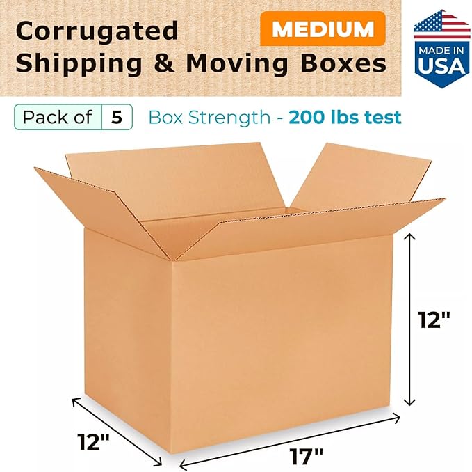 Medium Shipping & Moving Boxes 17 x 12 x 12 inches (5-Pack) - Extra Strength 200 lb vs Regular - USA-Made Corrugated Cardboard Boxes - Durable Moving Box - Package Box by IDL Packaging