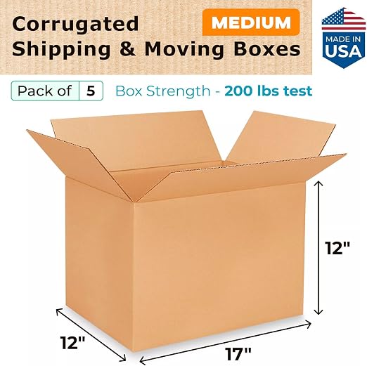 Medium Shipping & Moving Boxes 17 x 12 x 12 inches (5-Pack) - Extra Strength 200 lb vs Regular - Corrugated Cardboard Boxes, Made in USA - Durable Moving Box - Package Box by IDL Packaging | Extra Strength 200 lb vs Regular - Corrugated Cardboard Boxes...