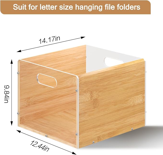 Sbanmao Hanging File Organizer, Clear Acrylic File Box Organizer, Bamboo Filing Box File Crate Organizer Storage Boxes, Portable Filing Folder with Handle for Letter Size