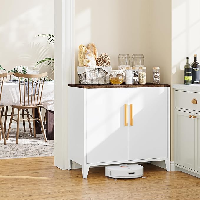 Metal Storage Cabinet with 2 Doors and Shelves 16" Dx 32" Wx30 H,Small Buffet Sideboard Short Cabinet for Kitchen Dining,Office Credenza Locker Modern Coffee Bar,Entryway Bathroom(White)