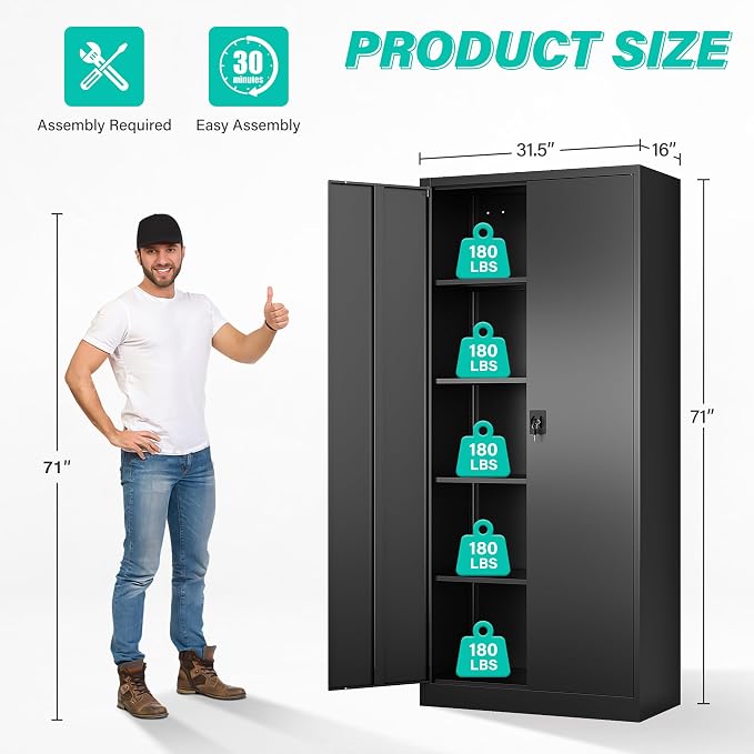 Metal Storage Cabinet with 2 Doors and 5 Shelves,71" Lockable Garage Storage Cabinet,Black Metal Cabinets with Lock,Locking Steel Cabinets for Home,Office,Garage,Shop,School