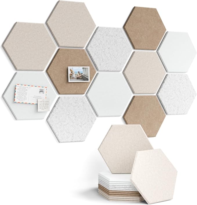 Fluxynara 12-Pack Hexagon Felt Bulletin Board Tiles, Stone Beige | Cork Board Alternative with 60 Adhesive Tabs for Notes, Photos and Reminders in Home Offices, Dorm and Classrooms