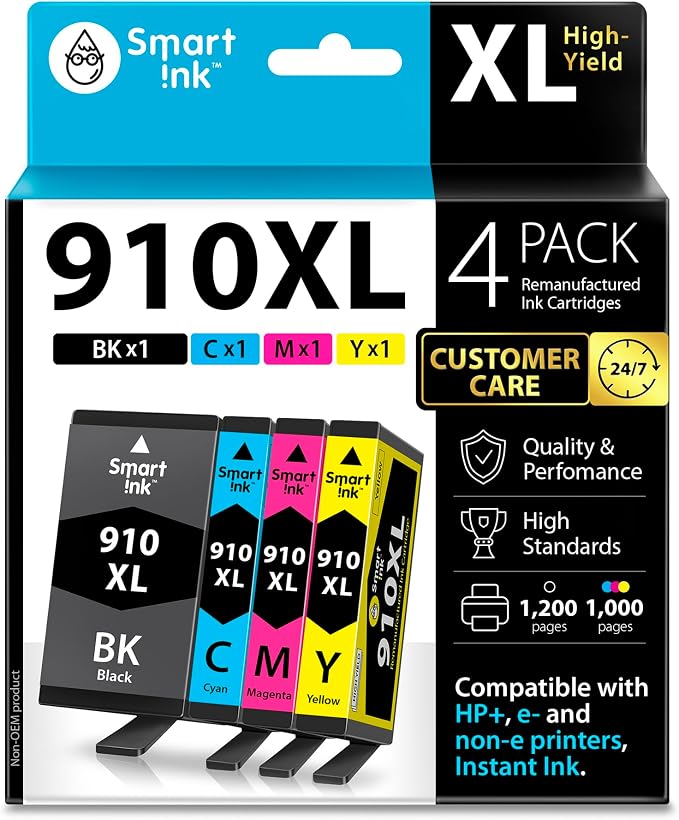 Smart Ink Remanufactured Ink Cartridges Replacement for HP 910XL 910 XL Black and Color Combo Pack to use with OfficeJet Pro 8025e 8025 8028e 8028 8035e 8035 OfficeJet 8015e 8022e 8015 8022 Printers