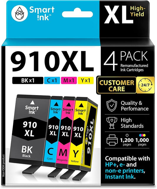 Smart Ink Remanufactured Ink Cartridges Replacement for HP 910XL 910 XL Black and Color Combo Pack to use with OfficeJet Pro 8025e 8025 8028e 8028 8035e 8035 OfficeJet 8015e 8022e 8015 8022 Printers