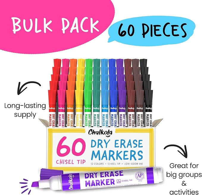 Chalkola Dry Erase Markers Bulk (60 Pack, 12 Vibrant Colors) Chisel Tip | WhiteBoard Markers, Dry Erase Pens - White Board Pens for Kids, Teachers - Home, Office, School Classroom Supplies