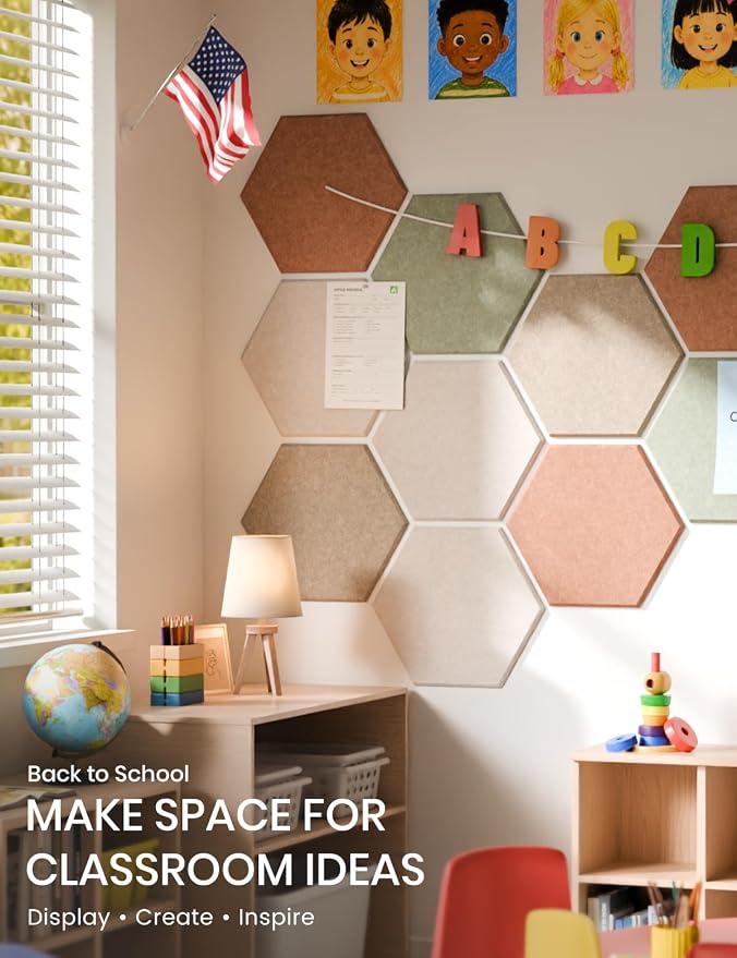 Fluxynara 8-Pack Hexagon Felt Bulletin Board Tiles, Boho-1 | Cork Board Alternative with 50 Adhesive Tabs for Notes, Photos and Reminders in Home Offices, Dorm and Classrooms