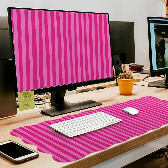 L-SPOUTTO Hot Pink Striped Mouse Pad,Scalloped Desk Mat XXL Large Geometric Gaming Mousepad,35.4x15.7in Non-Slip Rubber Base Keyboard Pad Waterproof Desktop Mat for Laptop Computer Game Home Office