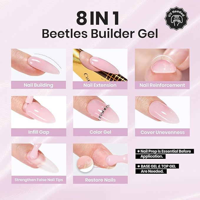 Beetles Builder Gel HEMA-Free,2 Pcs 8 in 1 Jelly Purple & Glitter Building Apex,Strengthening Thickening Sensitive Nails Extension,for Begginer DIY UV Nails at Home,Light Purple Building Gel