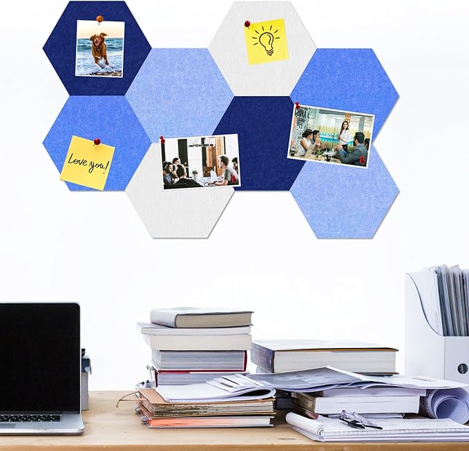 Large Hexagon Felt Cork Board Tiles, Self Adhesive DIY Felt Bulletin Board Pin Board with 35 Pushpins for Office School Home Wall Decor Stickers Memos Photos Display(Gradual Blue)