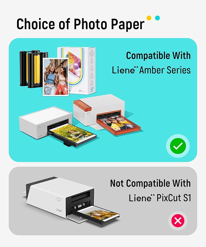 Liene Amber M100/M200/M110/M210 4x6" Photo Printer 80 Sheets Photo Paper & 2 Ink Cartridges Refill, Dye Sublimation, Only for Liene DHP512/DHP513/DHP514/DHP515 Printer, for Display, Framing, Scrapbook