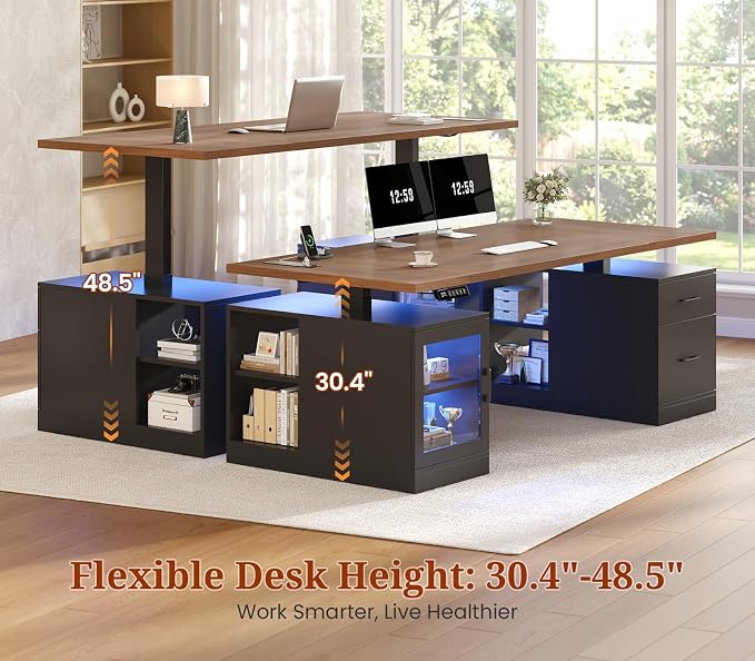 71 in Executive Standing Desk, Electric Height Adjustable Desk with Storage Drawers, Glass Cabinet, Shelves, Power Outlet, LED Light, Wood Sit Stand up Computer Desks for Home Office (Black)