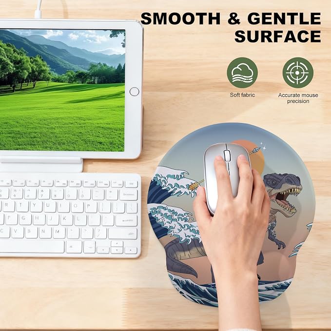 Cat and Dinosaur Mouse Pad with Gel Wrist Support, Smooth Surface Ergonomic Mouse pad, Non-Slip Pain Relief Desk Mat for Gaming, Work & Office Desktop