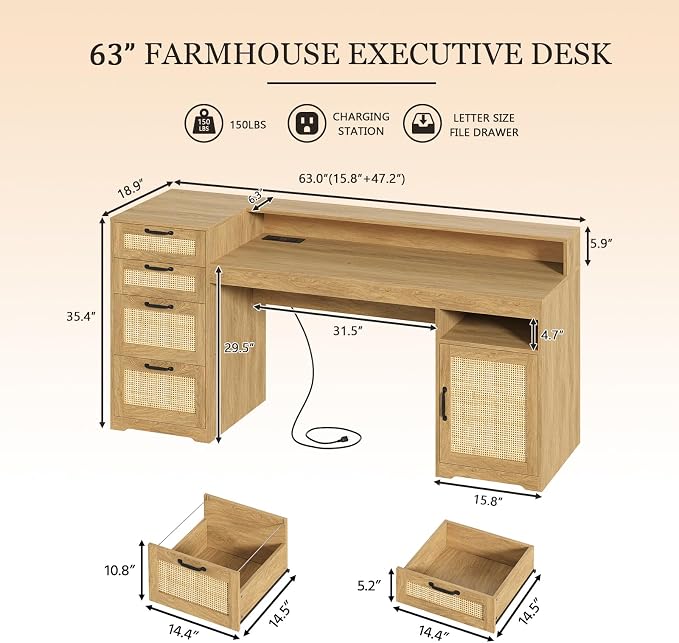 63" Rattan Computer Desk with 4 Drawers for Home Office, Bedroom | Executive Desk with Printer Stand, Monitor Stand, Home Office Desks with Power Outlets, Storage Shelves, Oak, Boho Desk