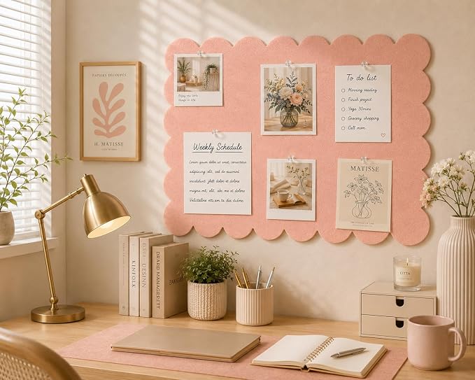 Scalloped Felt Bulletin Board 36 x 24 Inches, Pink Pin Board for Wall | Large Vision Board for Girls Bedroom, Dorm & Kids Room, Decorative Memo Board for Photos, Notes, Study Display and Wall Decor