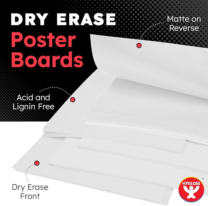 Hygloss Medium Dry Erase Poster Board Paper 11x14 Inch (60 Count) Single-Sided Wall White Board Dry Erase Sheets - 14 Pt. Thick Paper for Home, School, Classroom, Office, Kids Art, Menus Signs, Lists