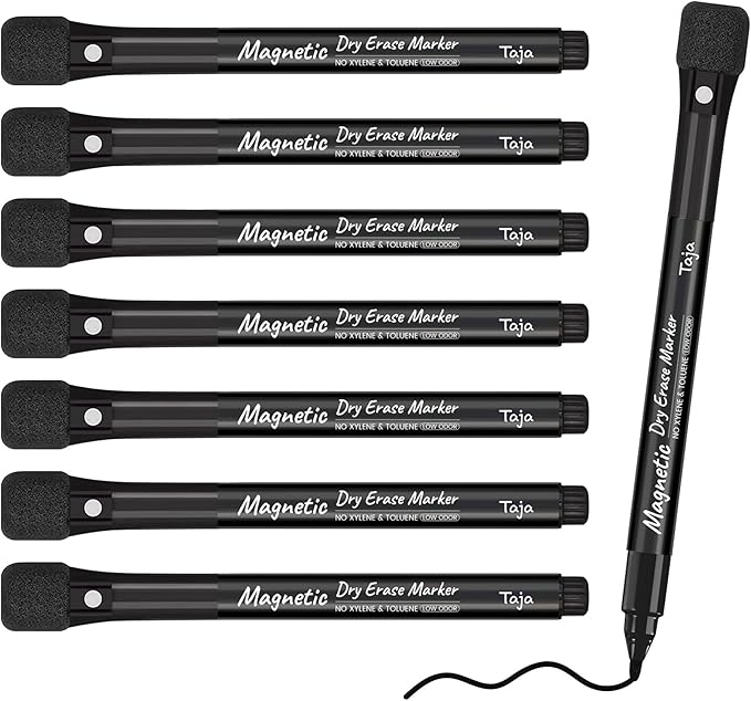 Taja Magnetic Dry Erase Whiteboard Markers, 8 Count Black Fine Tip Thin Dry Erase Markers with Eraser for Home Office School Supplies-Black