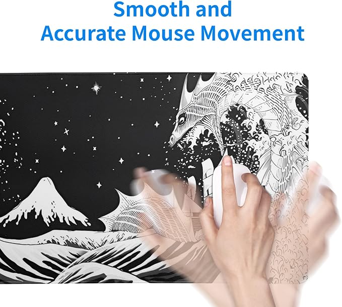 Black and White Japanese Wave Dragon Gaming Mouse Pad - Abstract Mat with Non-Slip Rubber Base, 31.5x11.8 Inch, Stitched Edges - Desk Pad for Office and Home