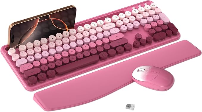 Wireless Keyboard and Mouse Combo with Phone Holder (Rose-Red Colorful) | MPTOG Colorful Typewriter Keys with Wrist Rest, , 2.4GHz Wireless, Full-Sized Optical Mouse for PC and Laptop