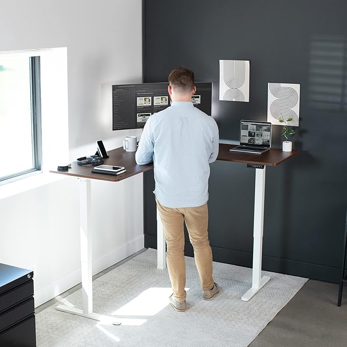 VIVO Corner Standing Desk, 63 x 55 inch Reversible L-Shaped Workstation, Electric Height Adjustment, Home, Office, and Reception Rooms, Dark Walnut Table Top White Frame, DESK-E3CTWD