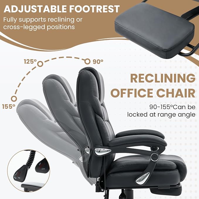 650lbs Big and Tall Office Chair Support for Heavy People,Reclining Executive Office Desk Chair with Foot Rest,Ergonomic High Back PU Leather Computer Chair with Adjustable Lumbar Support,Black