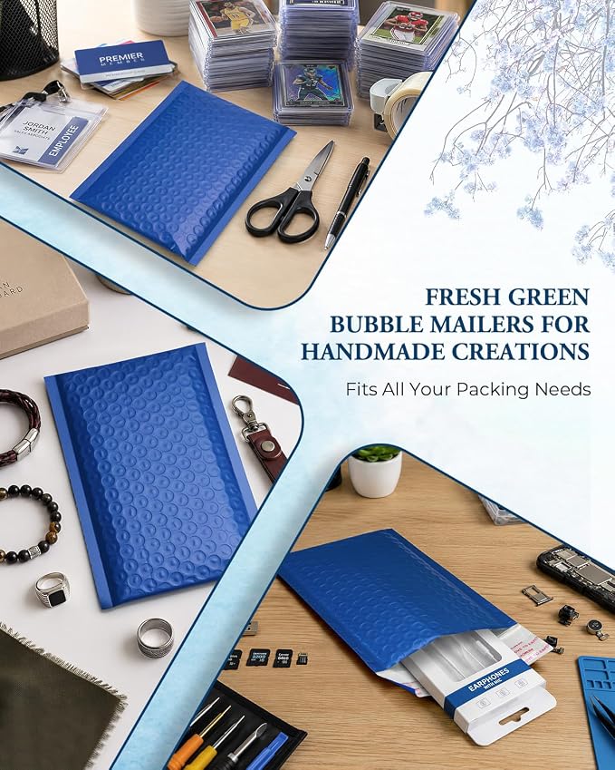 GSSUSA Blue Bubble Mailers 4x8 100 Pack, Self Seal Padded Envelopes | Usable Size 4x7, Waterproof, Opaque, #000, Mailing Bags For Cards, Jewelry, Gifts, Trading Cards, Small Business Packaging
