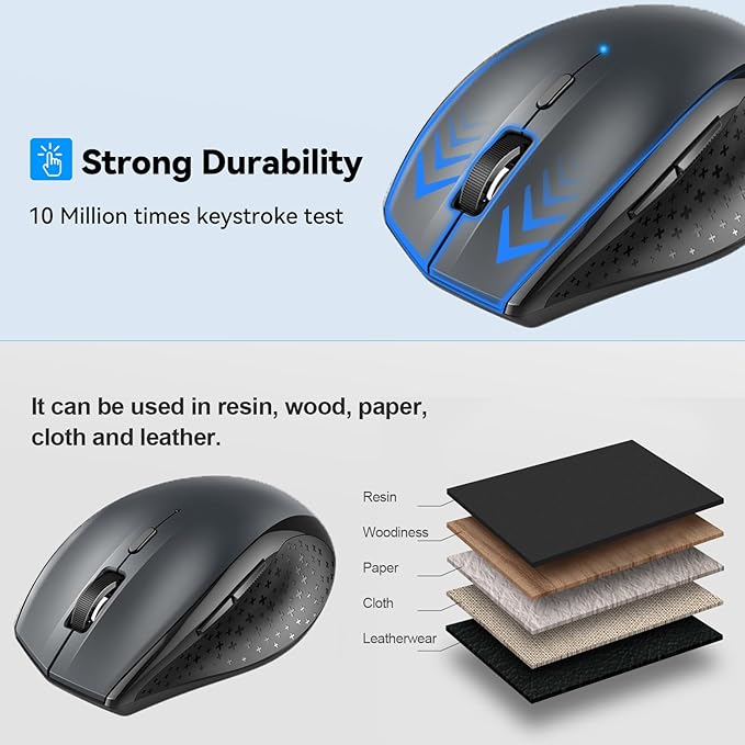 TECKNET Bluetooth Mouse, 4800 DPI Wireless Mouse, 2-Year Battery 6 Adjustable DPI, 6 Buttons Compatible with Laptop/Windows/Computer - Grey
