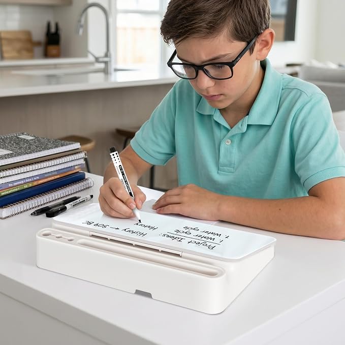 DOLLAR BOSS 12"x7" Small Glass Desktop Whiteboard, White | Dry Erase Board with Storage Drawer, Computer Keyboard Stand, Desk Organizer, Office Accessories, School Supplies