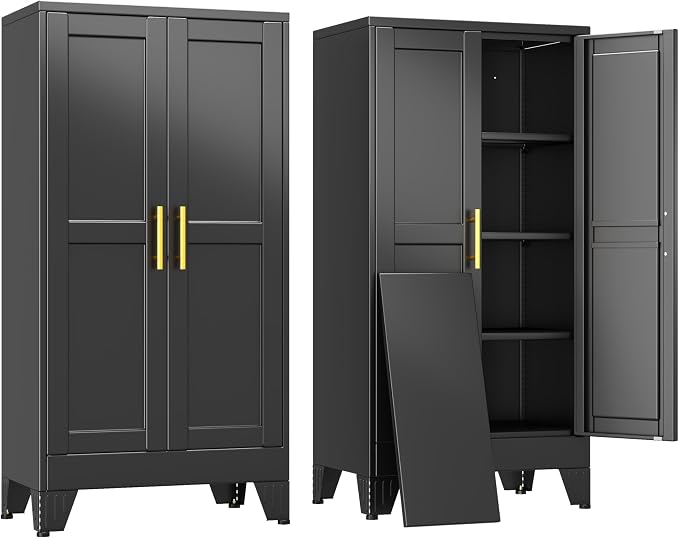 erosoei 47" H Metal Garage Storage Cabinet, Black Metal Pantry Cabinet with 2 Doors, Locker Steel Cabinet with 3 Adjustable Shelves, Freestanding Cupboard for Garage,Office,Home,Gym,School